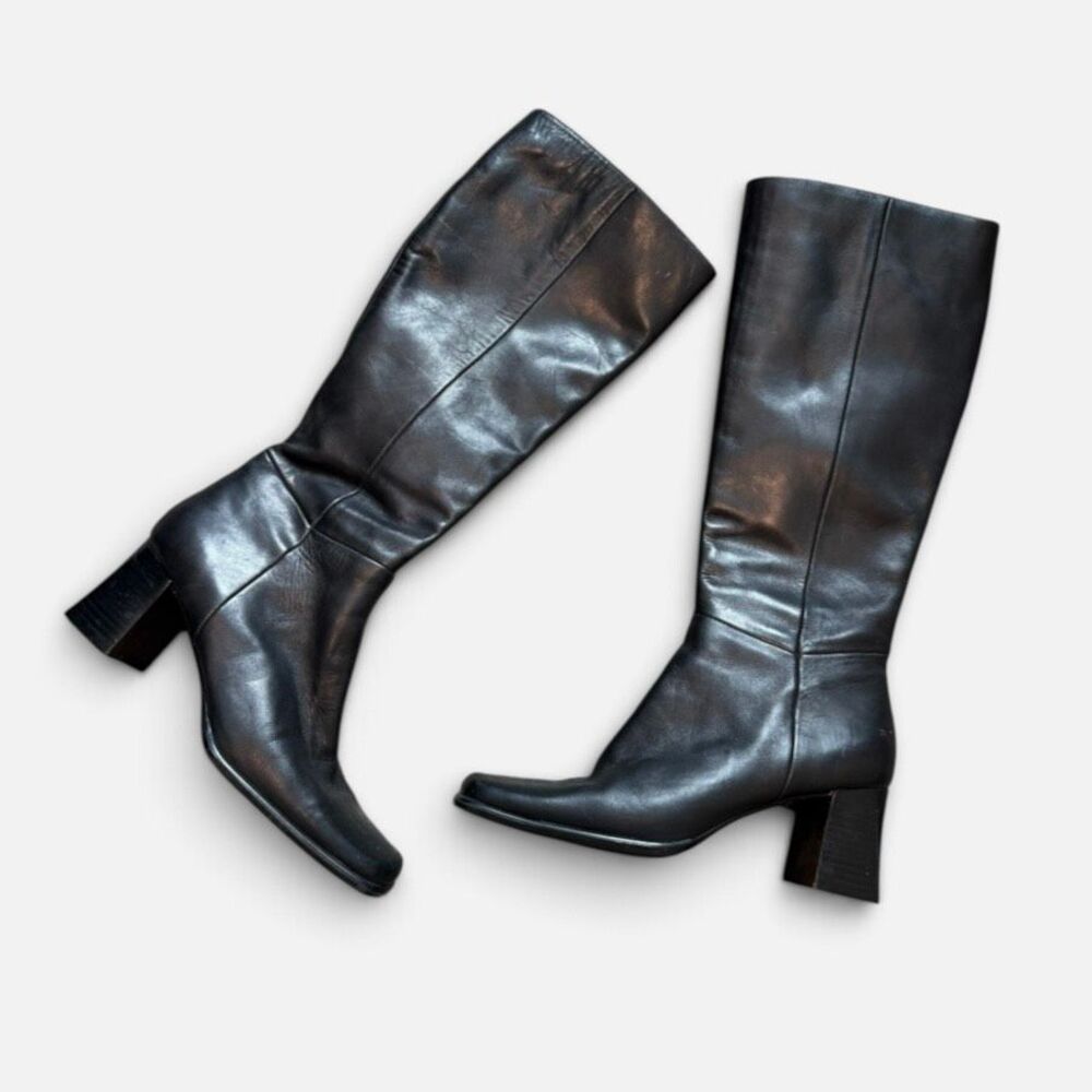 Vintage Black Leather Knee-High Heeled Boots